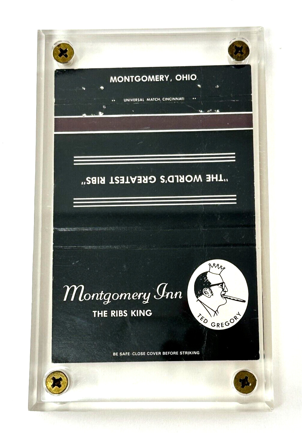 Matchcover Montgomery Inn The Ribs King Ted Gregory Humorous Encased in Acrylic