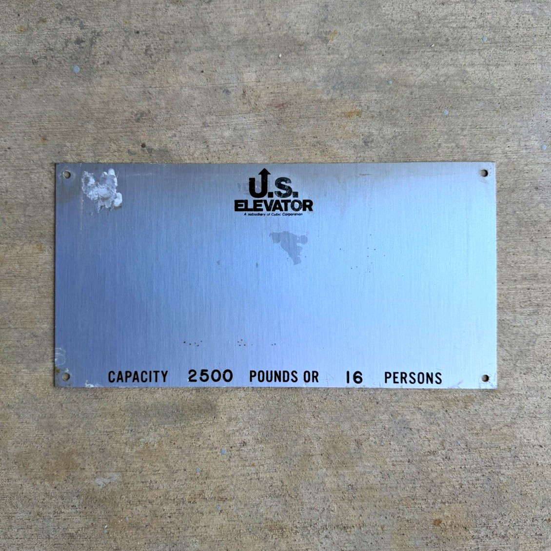 United States Elevator Corporation Aluminum Capacity Plate 2500 lb 16 Persons