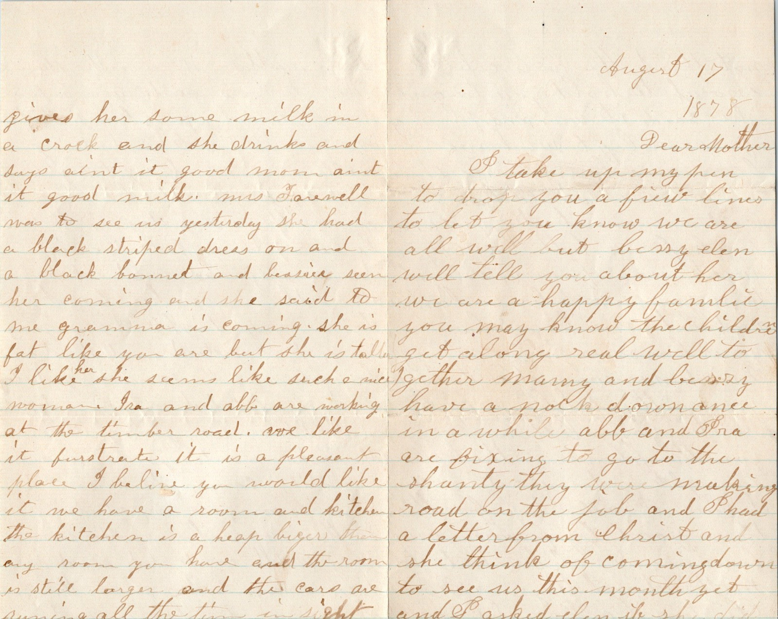 1878 Handwritten Family Letter Son to Mother Poor Dry Crops Excitement