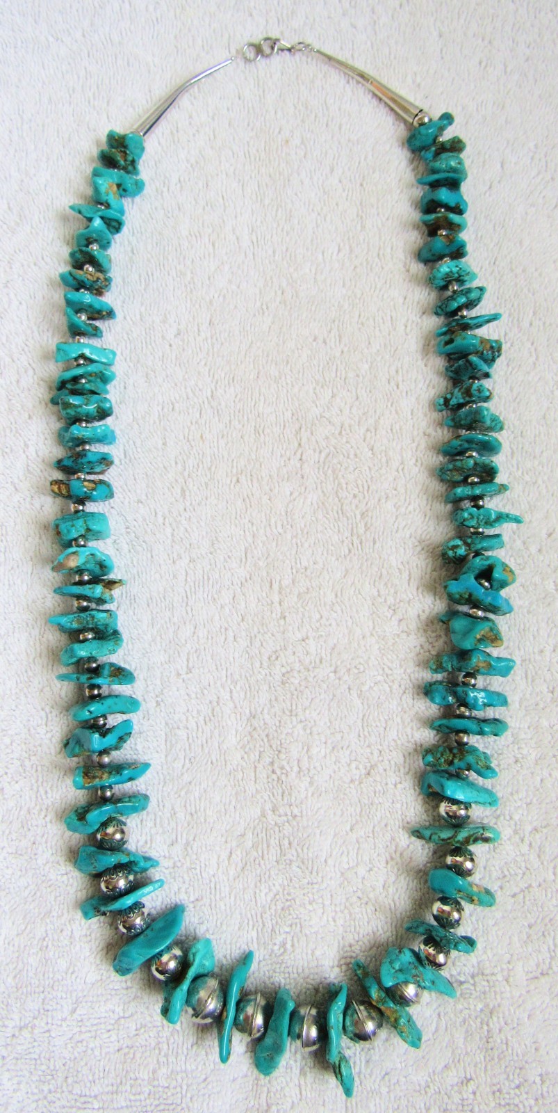 Navajo Indian Kingman Turquoise Nuggets & Sterling Silver Bench Beads Necklace