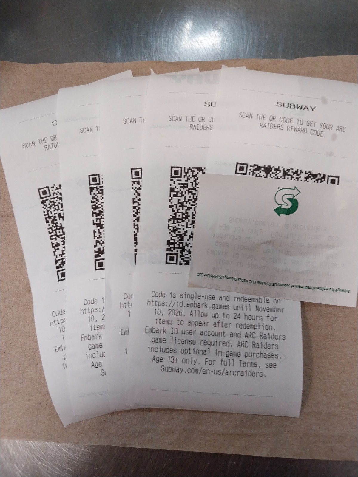 5- Subway Arc Raiders Reward Codes. Brand New. Never Scanned. Promotion.