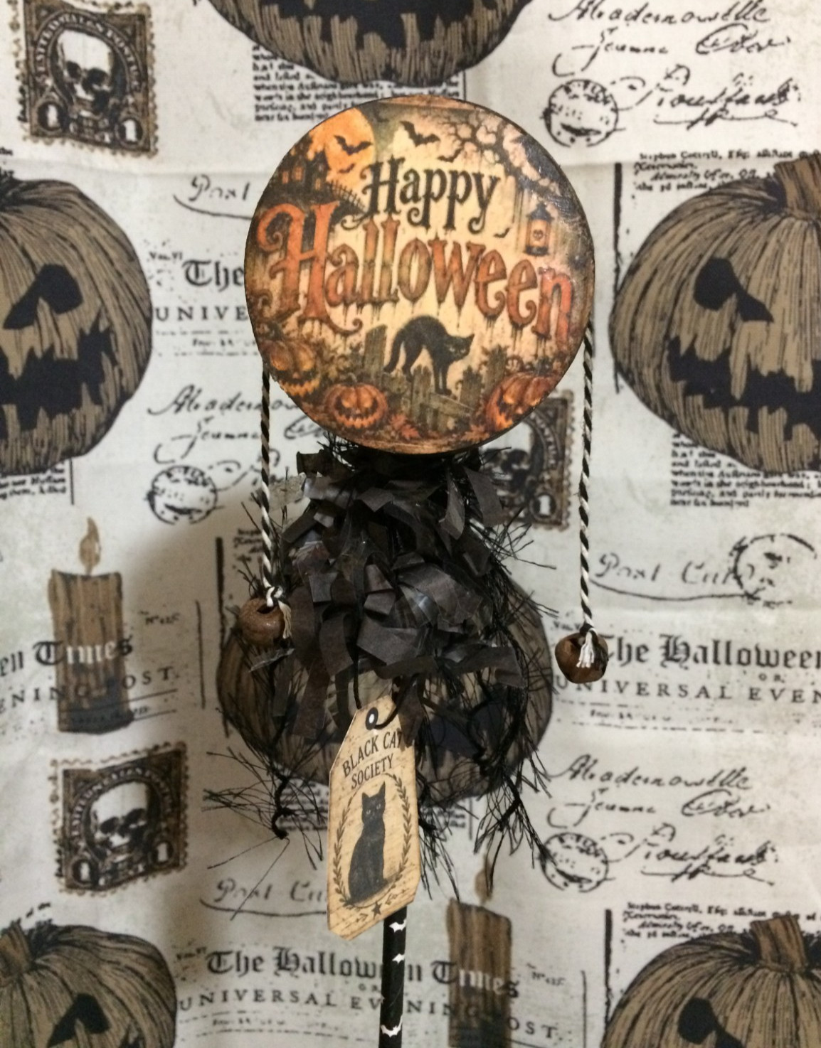 Vintage Style Halloween NOISEMAKER RATTLE - Happy Halloween Black Cat & Skeleton