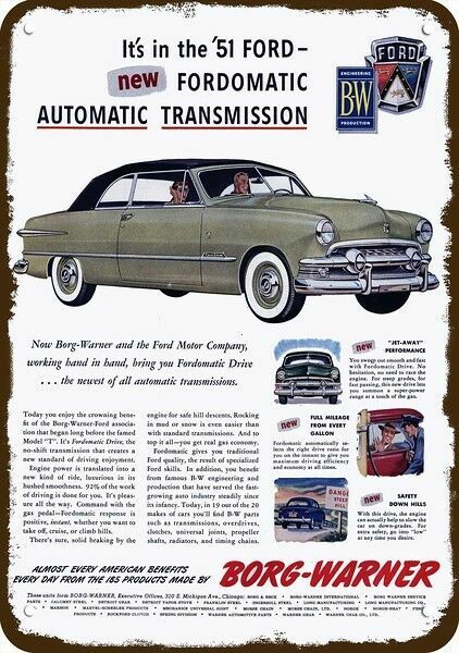1951 FORD CUSTOM Car & Borg Warner Vintage-Look DECORATIVE REPLICA METAL SIGN