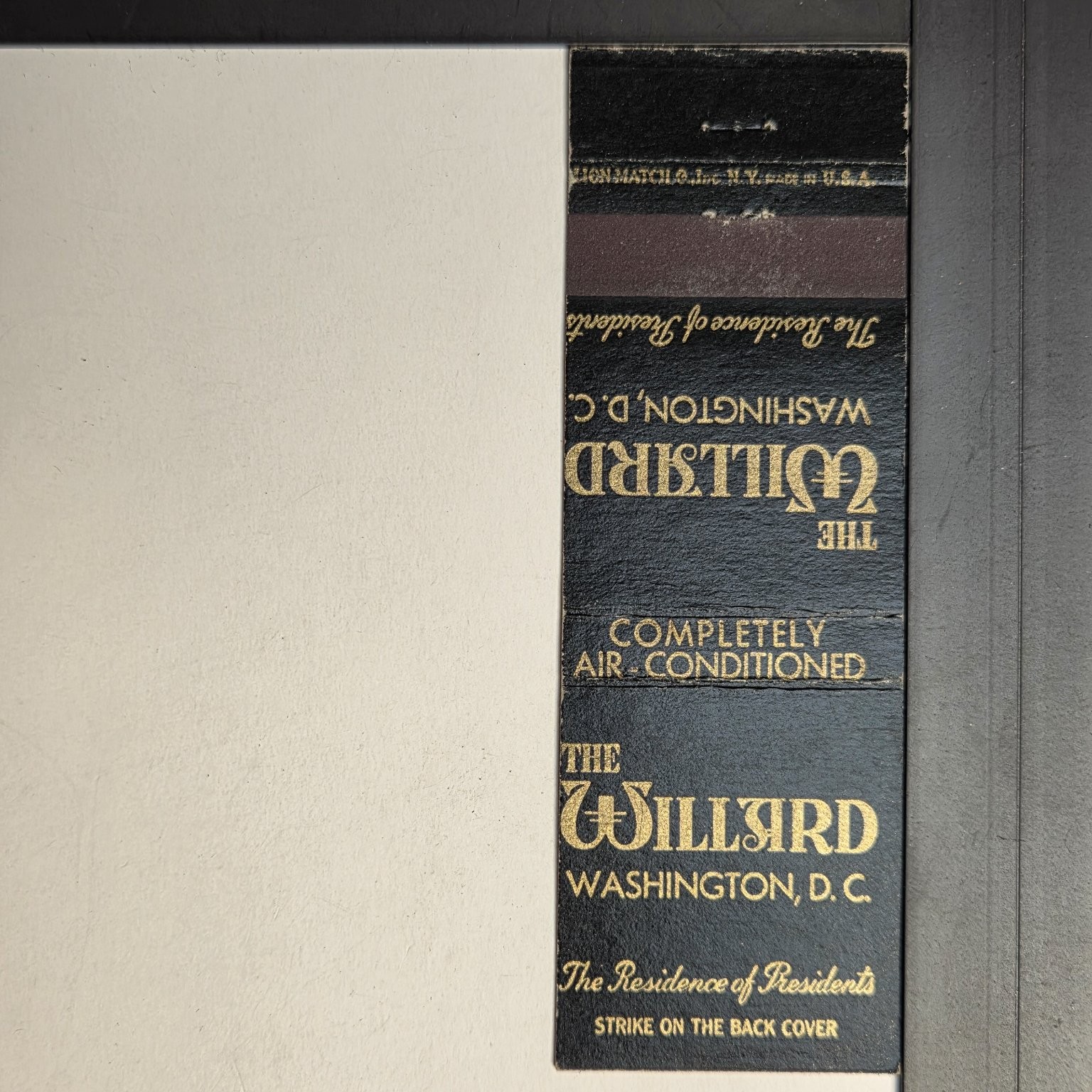 The Willard Washington DC Vintage Black Gold Design Matchbook