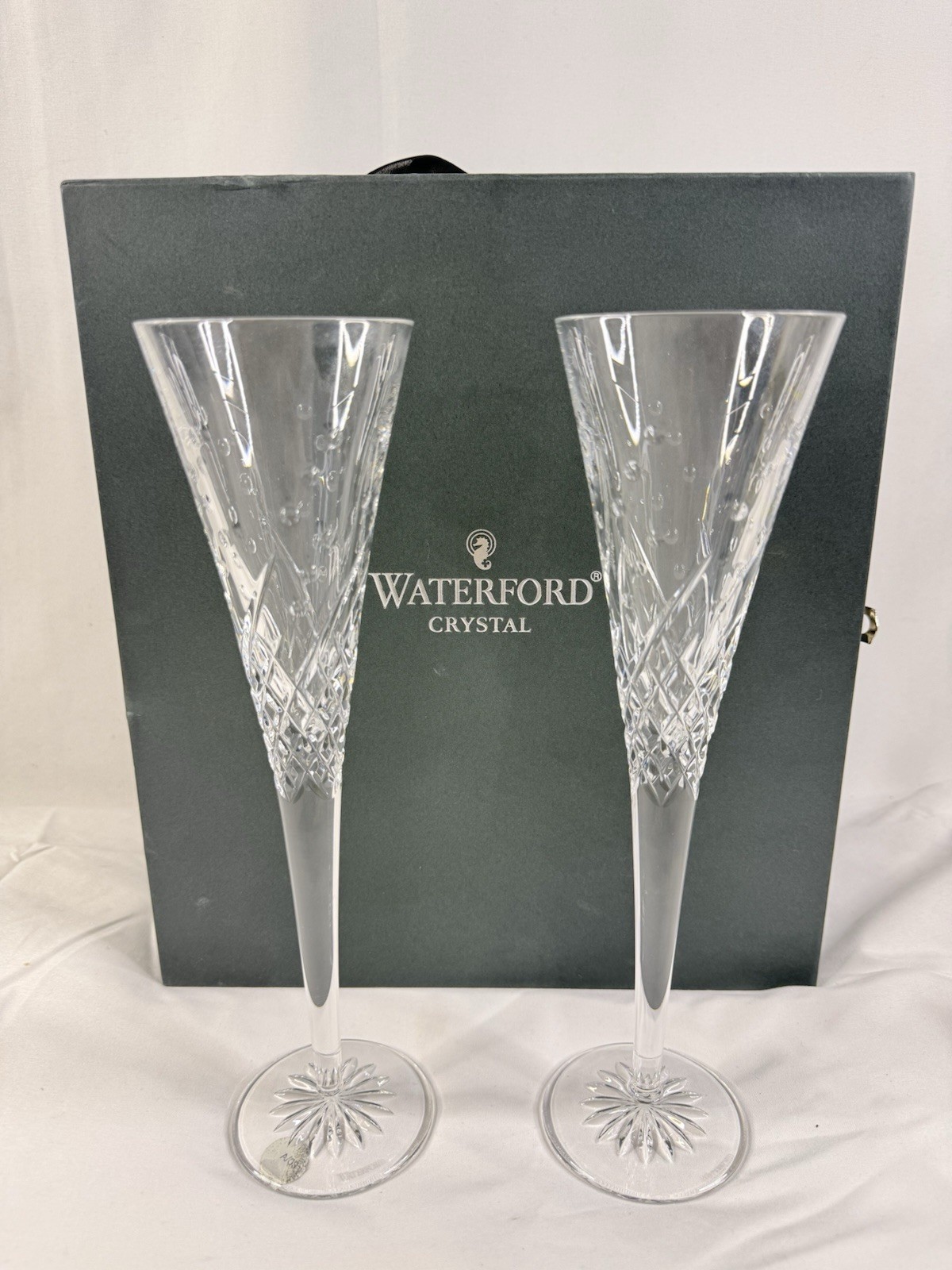 2 Waterford Crystal Wishes Toasting Flutes Happy Celebration Pair & Box -see pic