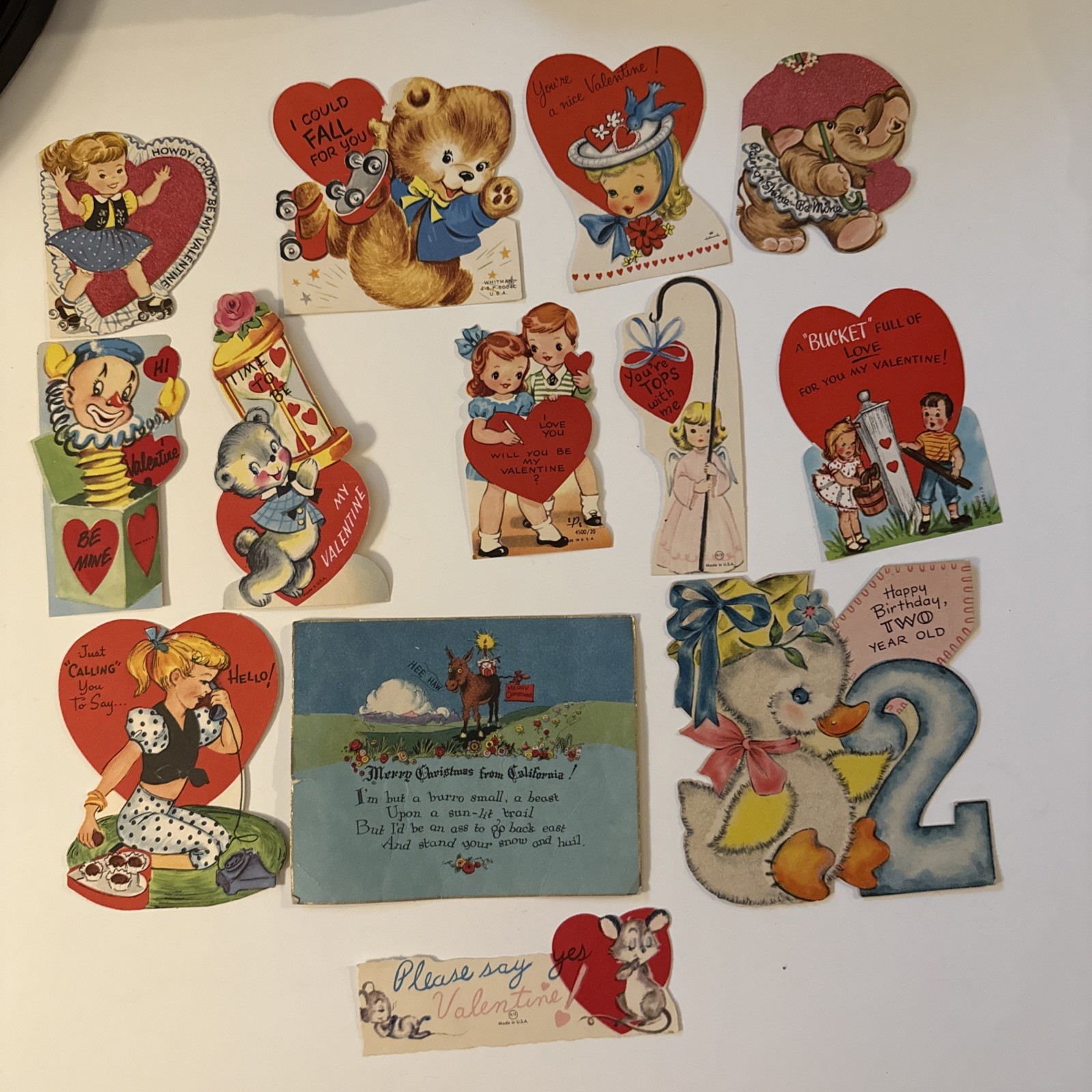Vintage Valentine's Day Card Lot Of 11 - 2 Flocked, Birthday & Christmas Cards