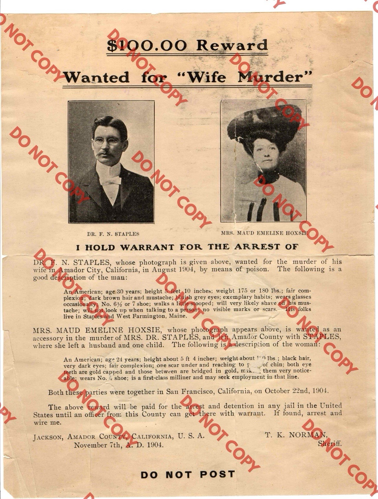 WOW 1904 Dr FN Staples Wanted Poster Wife Murder Poison Amador City California