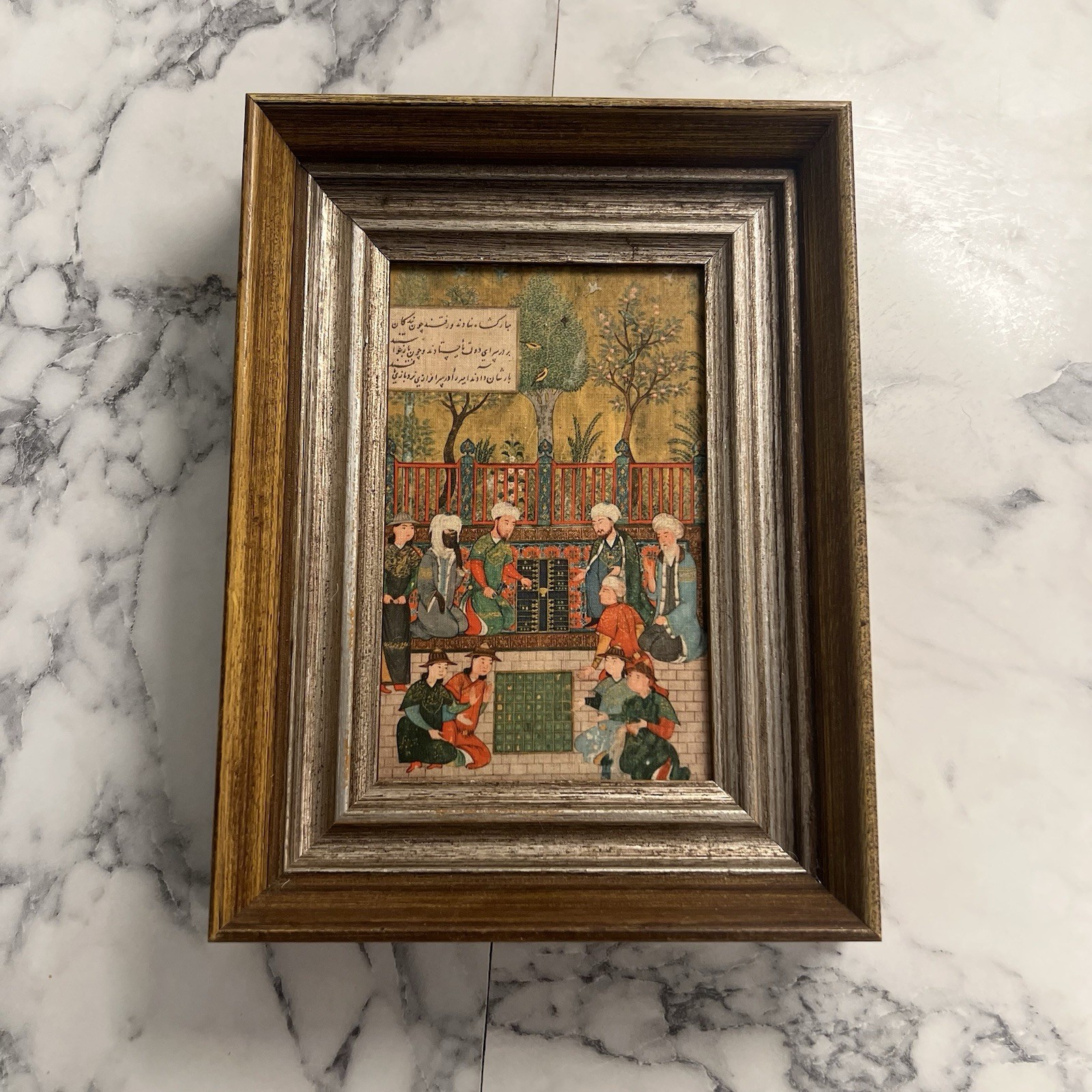 Vtg Persian Mughal Small Painting Framed Manuscript Print Calligraphy, Gaming