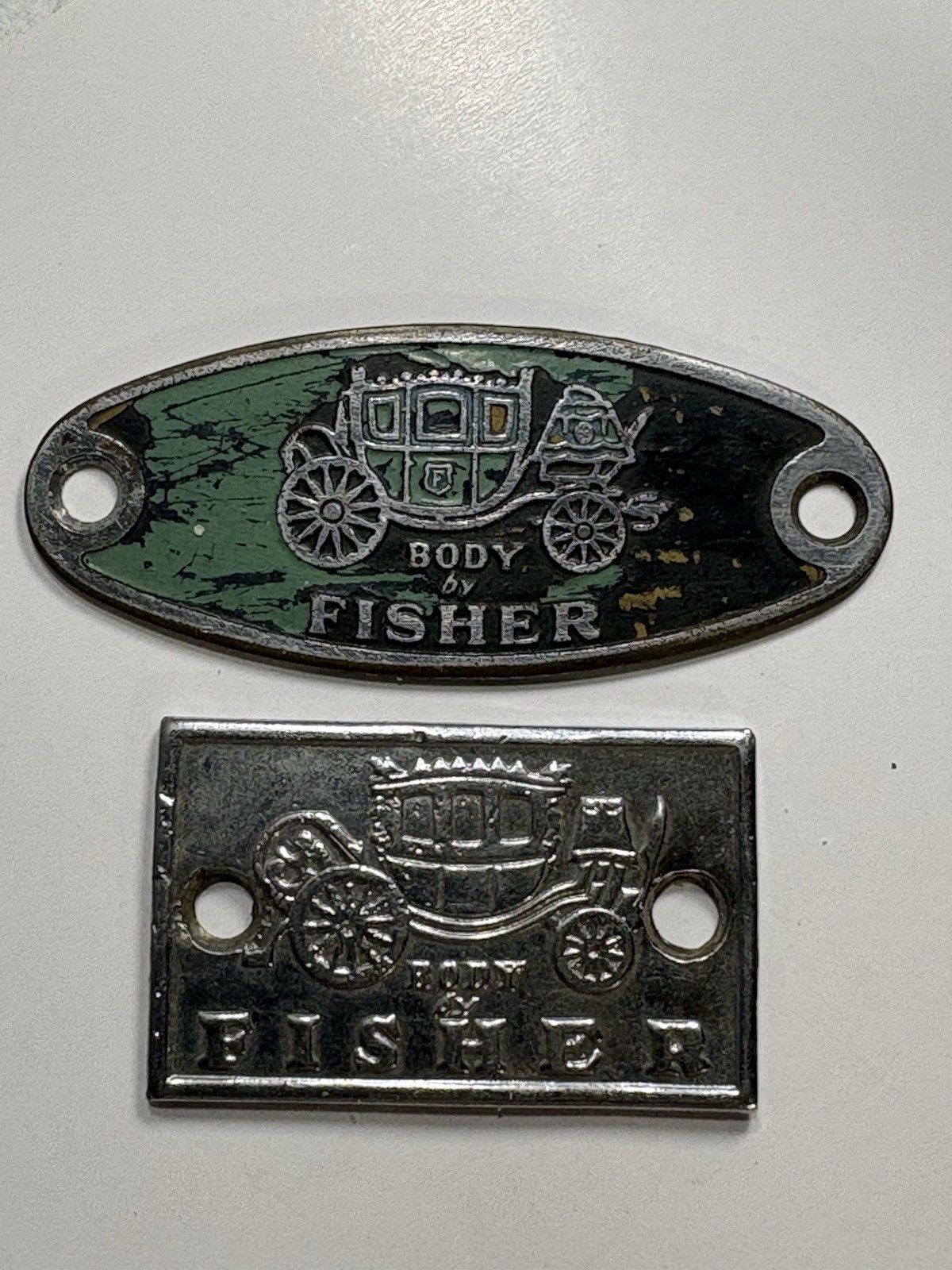 Lot Of 2 Antique / Vintage GM Automotive FISHER BODY Parts Badge Emblems