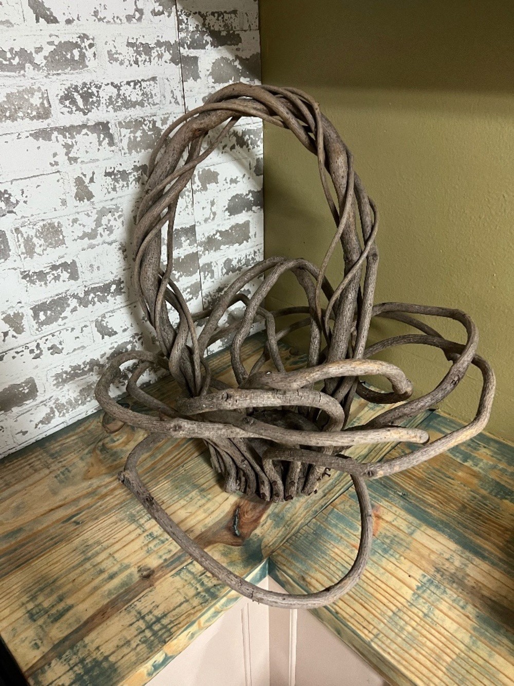 Unique Vintage Primitive Handmade Sculptural Vine Basket 