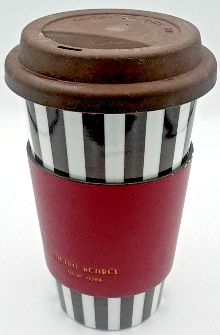 Henri Bendel NY Porcelain Travel Mug Coffee Cup Brown White Stripe Silicone Lid