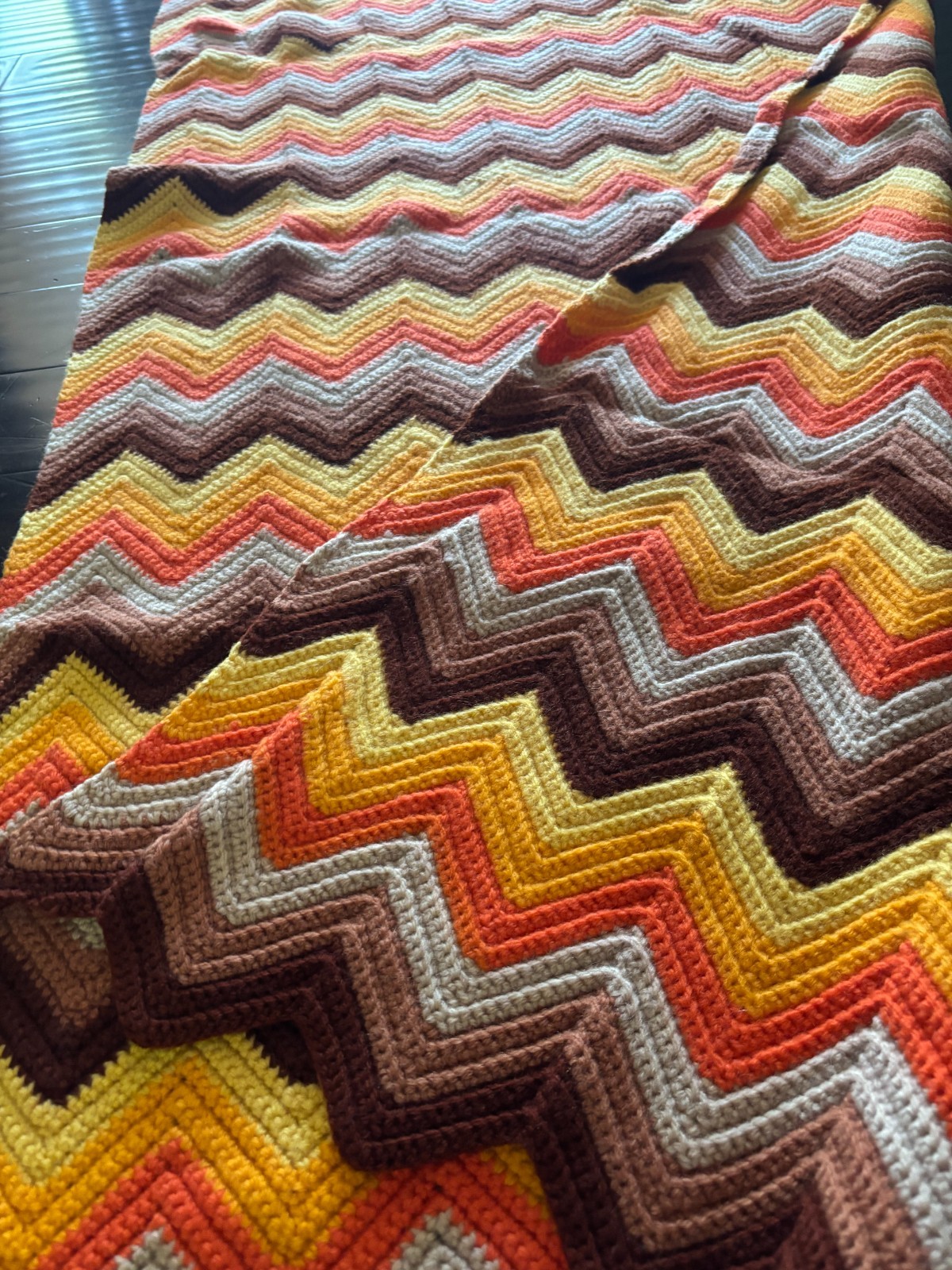 Vintage 70s Crochet Afghan Blanket Chevron Retro Autumn Disco Boho Orange 70x34