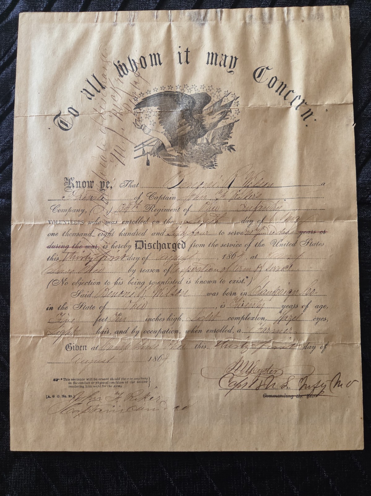 Original 1864 Civil War Discharge Co. 134th Regiment Ohio Infantry
