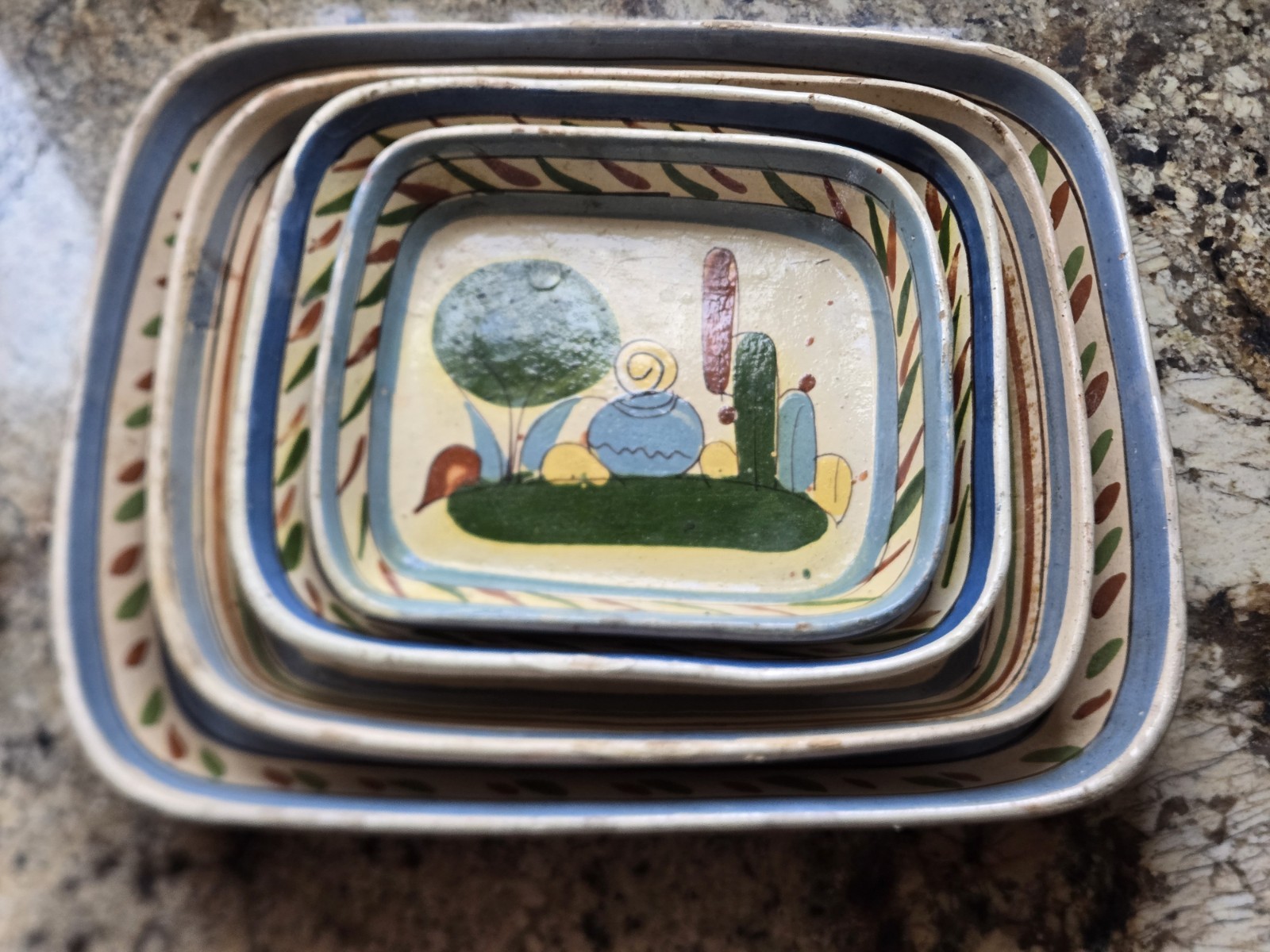 Vintage 1940s Mexican Stacking Tlaquepaque 4 Rectangular Trays. Hand Painted 