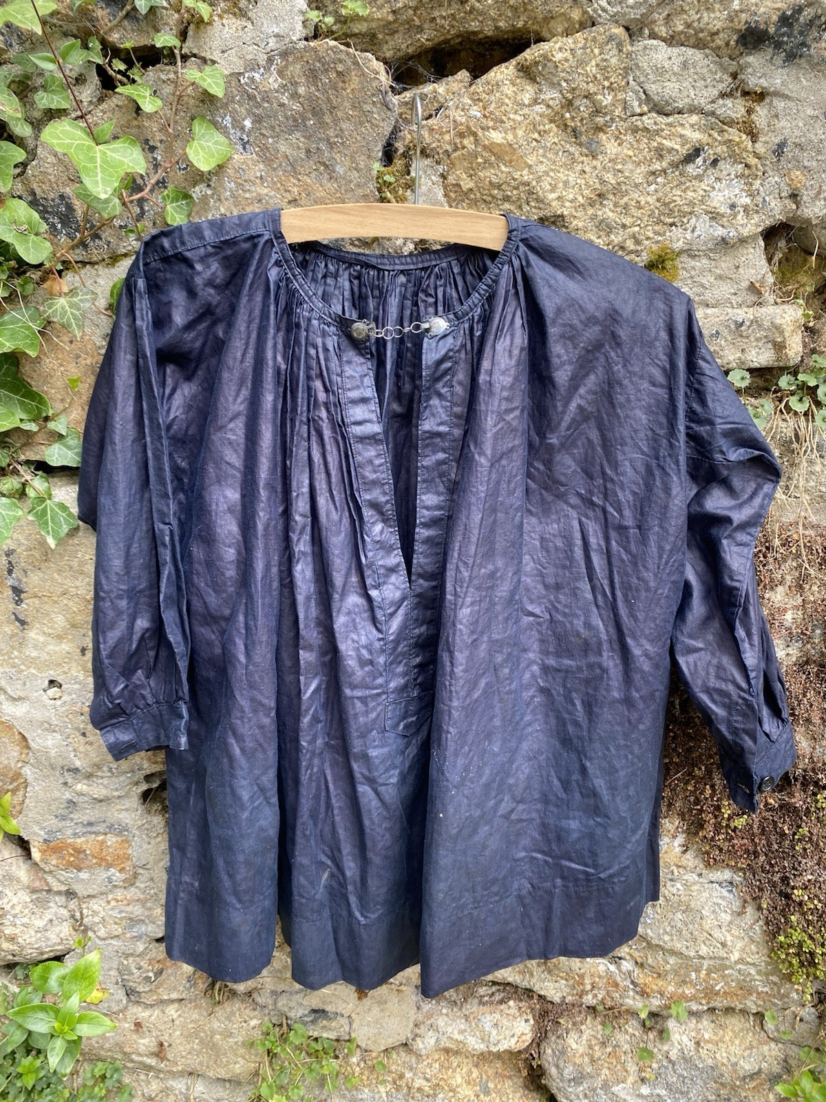Rare French Antique Early 20th Indigo Linen Smock Biaude Childs Unworn Silver