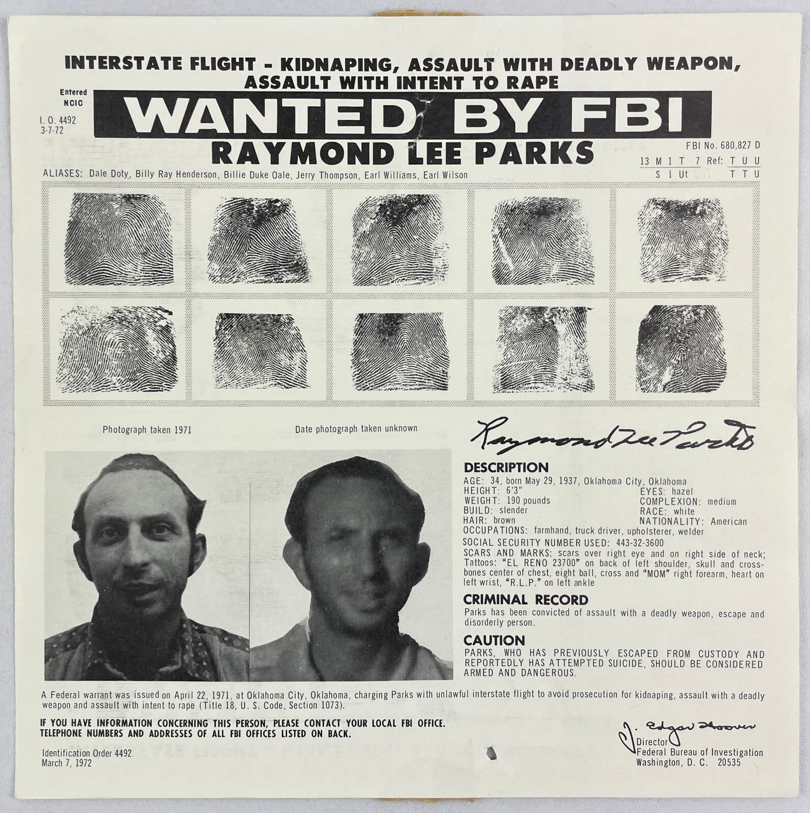 Vintage Wanted Poster, 1972, Raymond Lee Parks, Kidnapping, ADW, Intent to Rape