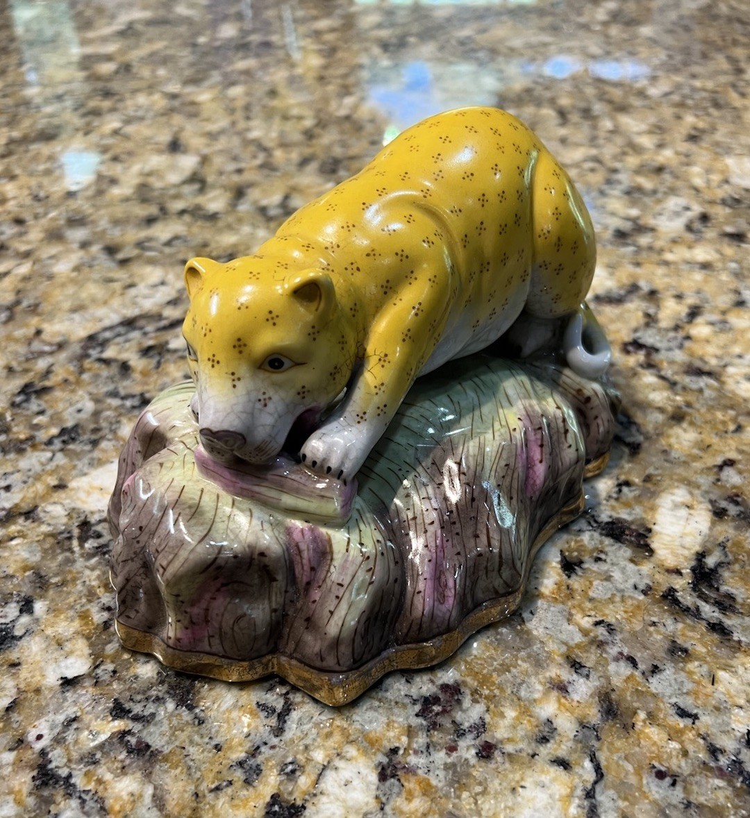 Vintage Pug Pit Bull Dog Leopard Figurine Porcelain Ceramic Yellow Chinese Rare