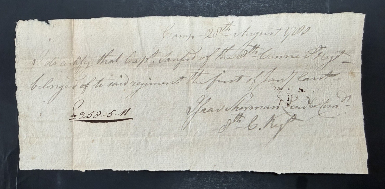 1780 Manuscript Revolutionary War Service Certification + Isaac Sherman