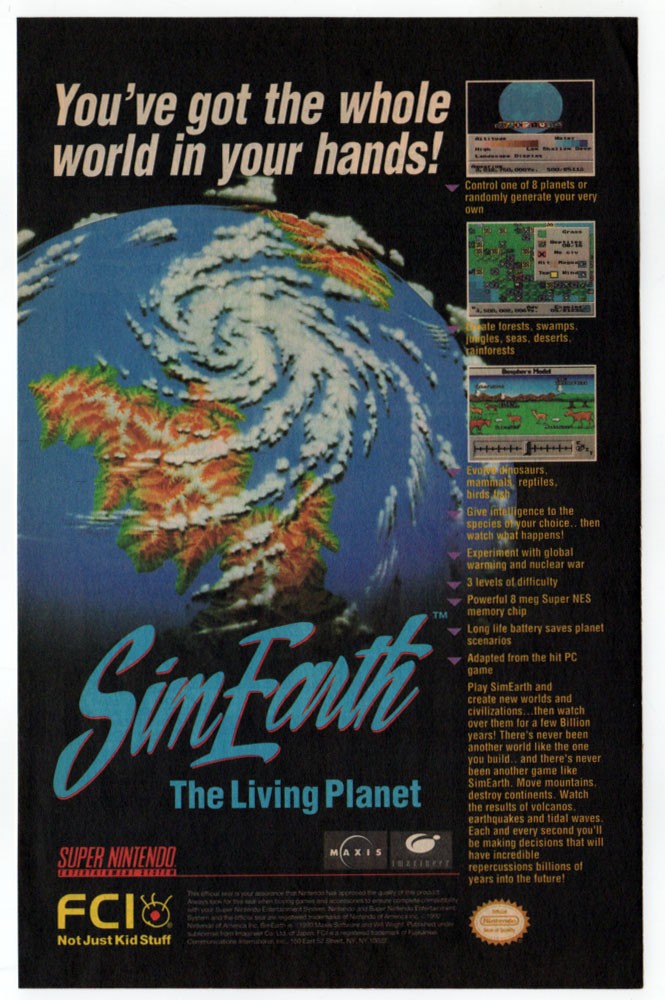 1993 SimEarth Vintage Original PRINT AD | FCI Video Game, Super Nintendo Planet