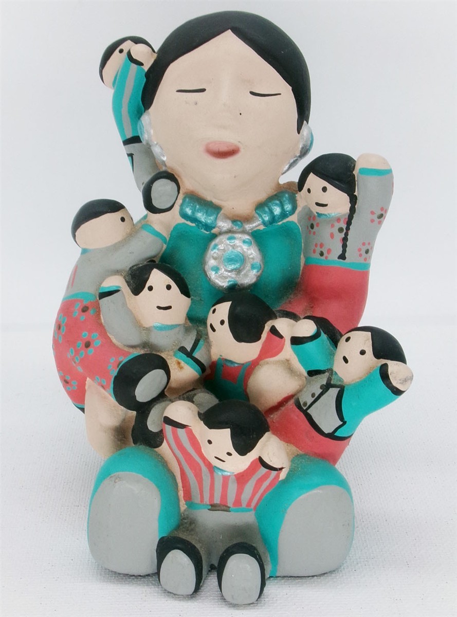 Native America Storyteller Pottery Figurine 7 Kids Southwest Heritage Signed