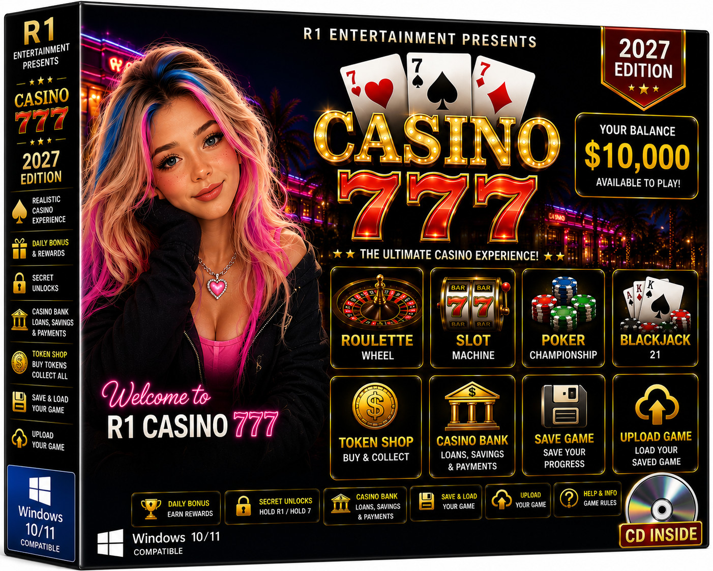 R1 Casino 777 2027 PC Casino Game CD Windows 10/11 Poker Slots Roulette NEW
