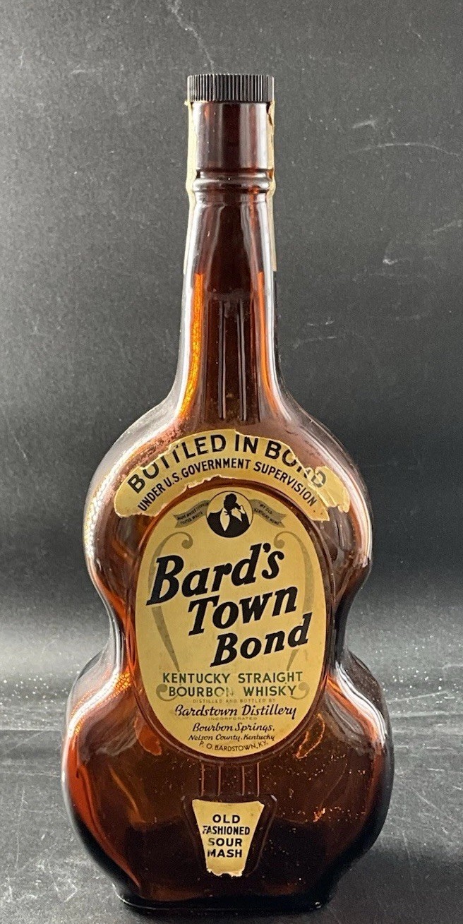 Vtg 1941 Bard’s Town Bond Bourbon Fiddle Bottle 107353-MINT Labels & V Rare Cap