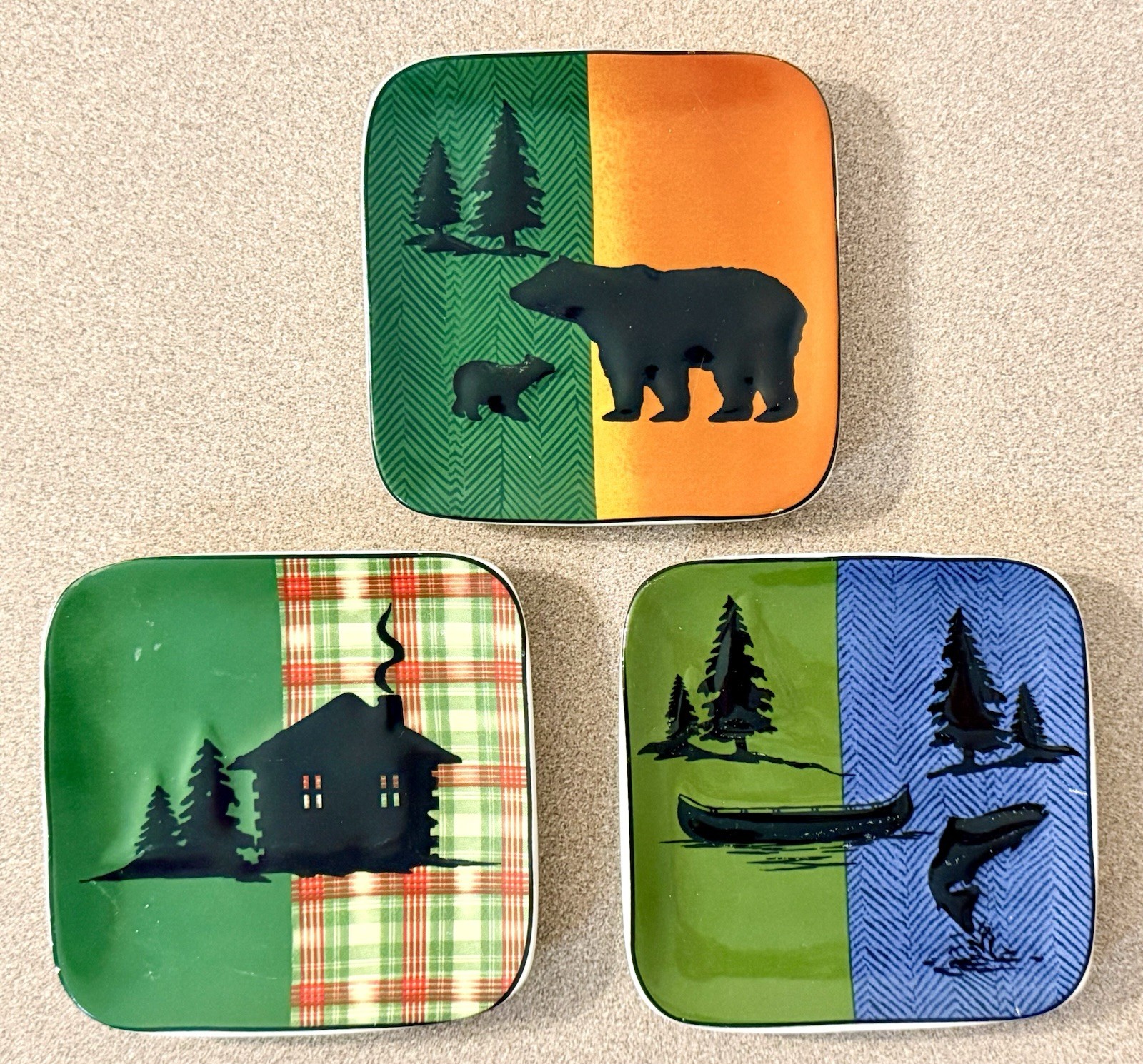 MWW Market Rustic Lodge Square Mini Plates Coasters Set of 3 Bear Cabin Canoe