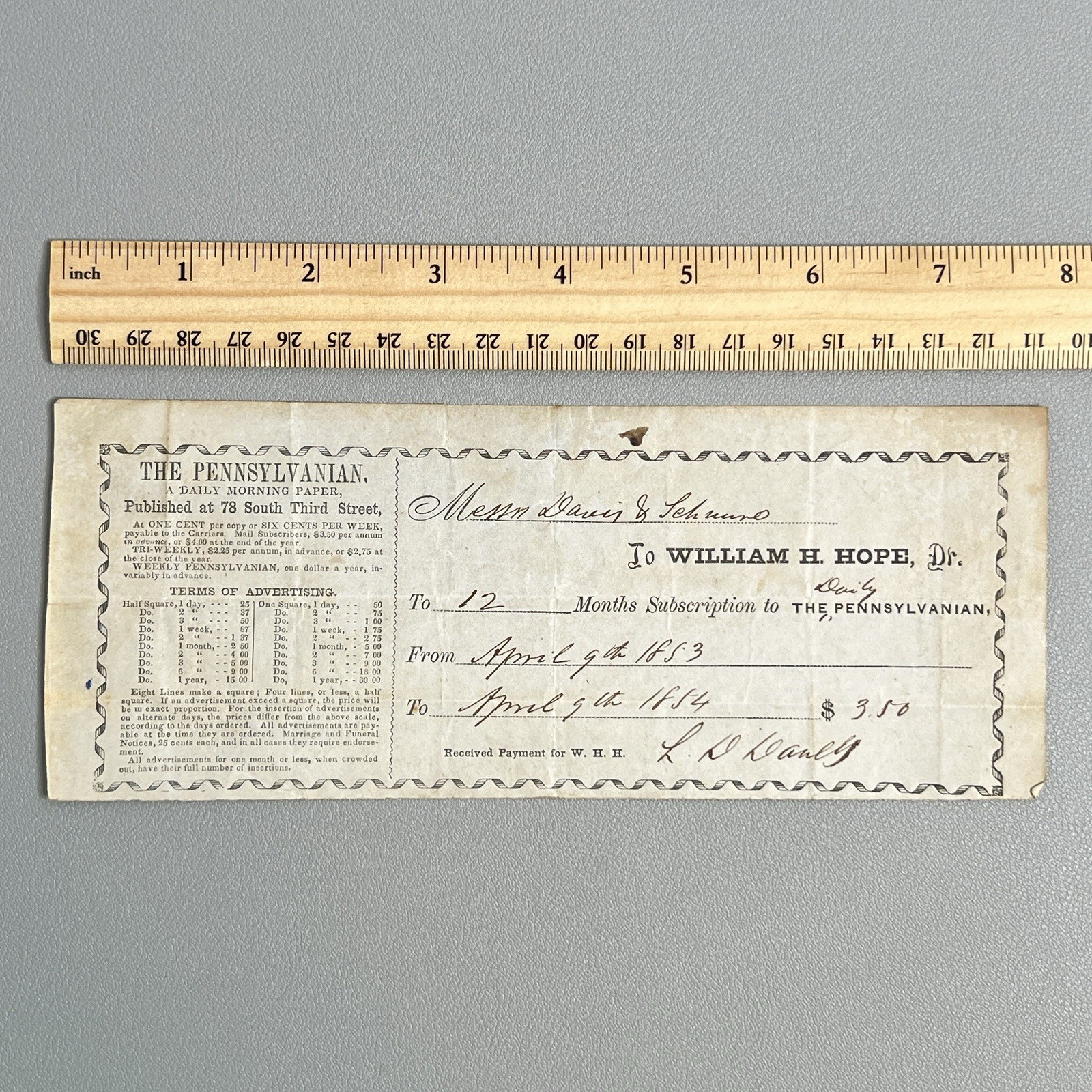Vintage 1853 The Pennsylvanian Daily Newspaper Subscription Receipt Philadelphia