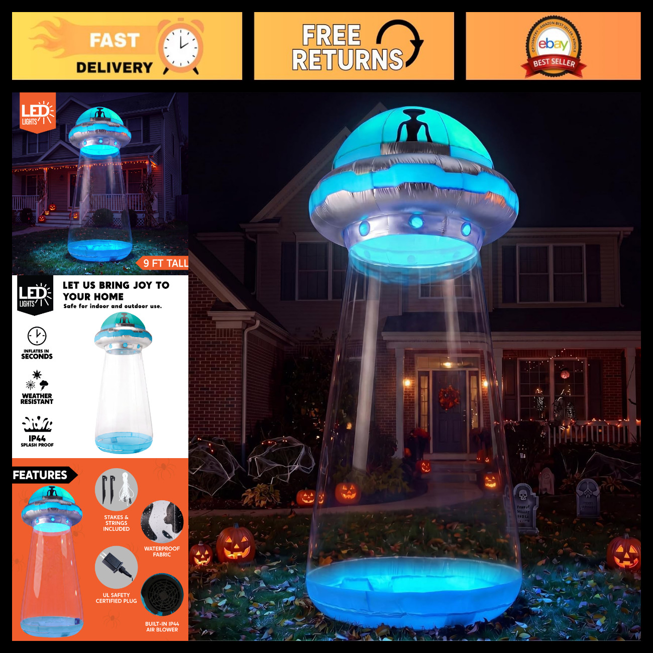 9FT Halloween Inflatable UFO Cow Abduction Decoration - LED Alien Spaceship Yard