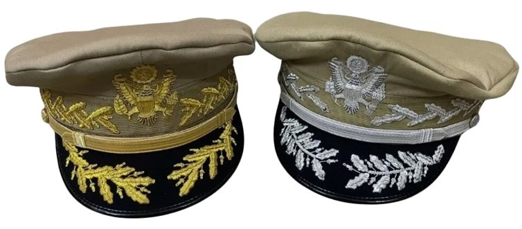 Pair of Khaki Military Style Officer Visor Caps Gold & Silver Embroidered Hats