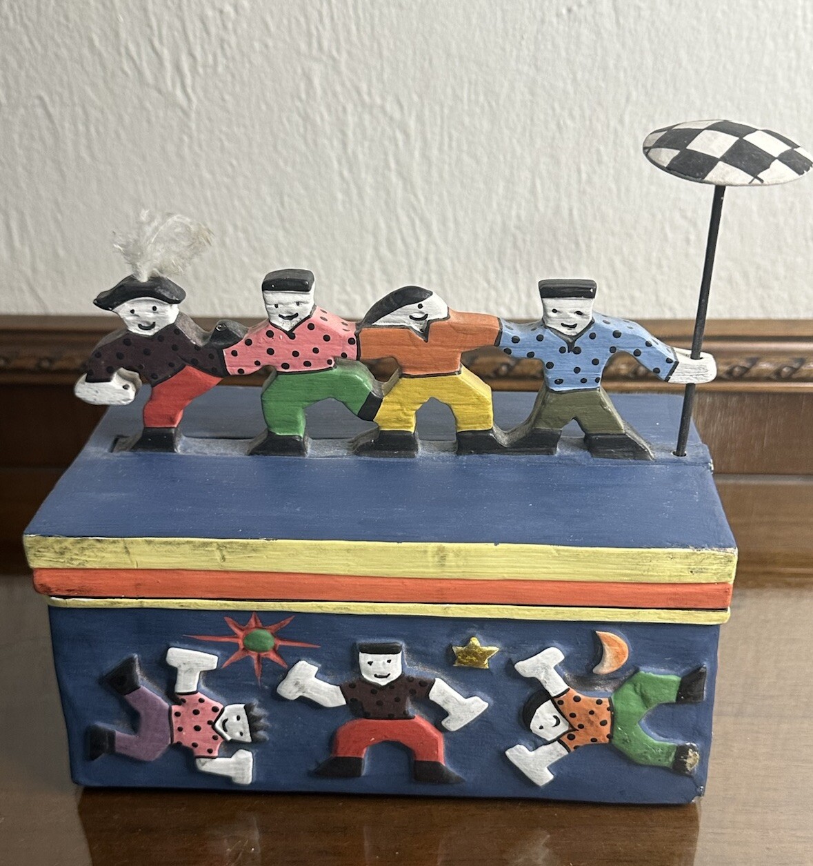 Vintage Carved Storage Box with Cossack Dancer figurines Folk Art Hand carved