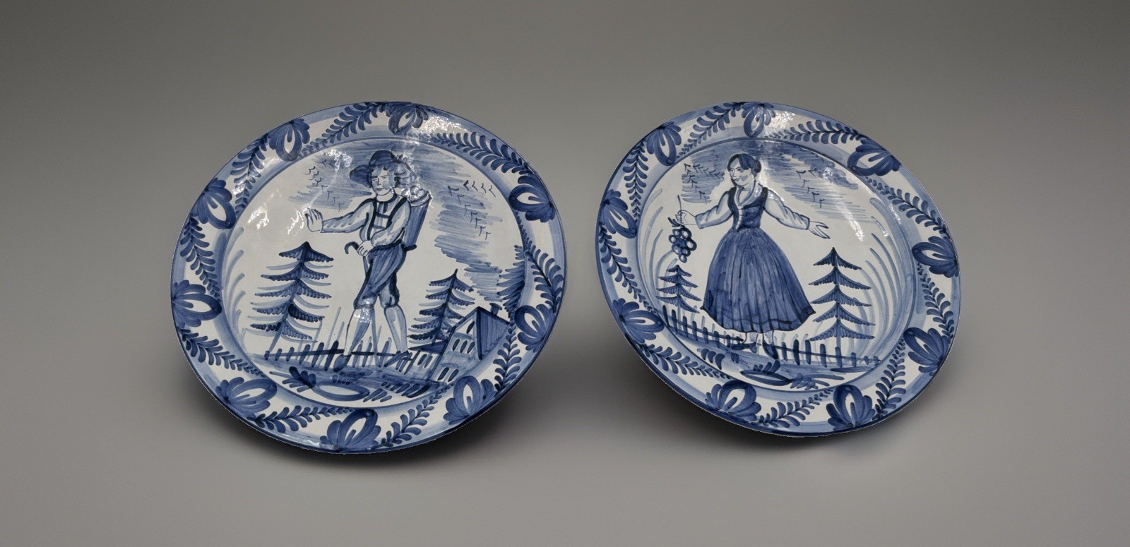Vintage Blue White Folk Art Pottery Wall Plates 9.5” Man Woman Signed Pair
