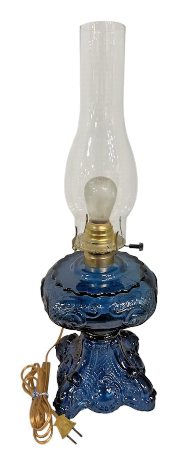 ANTIQUE COBALT PRINCESS FEATHER OIL LAMP ELECTRIFIED LATE 19TH CENTURY
