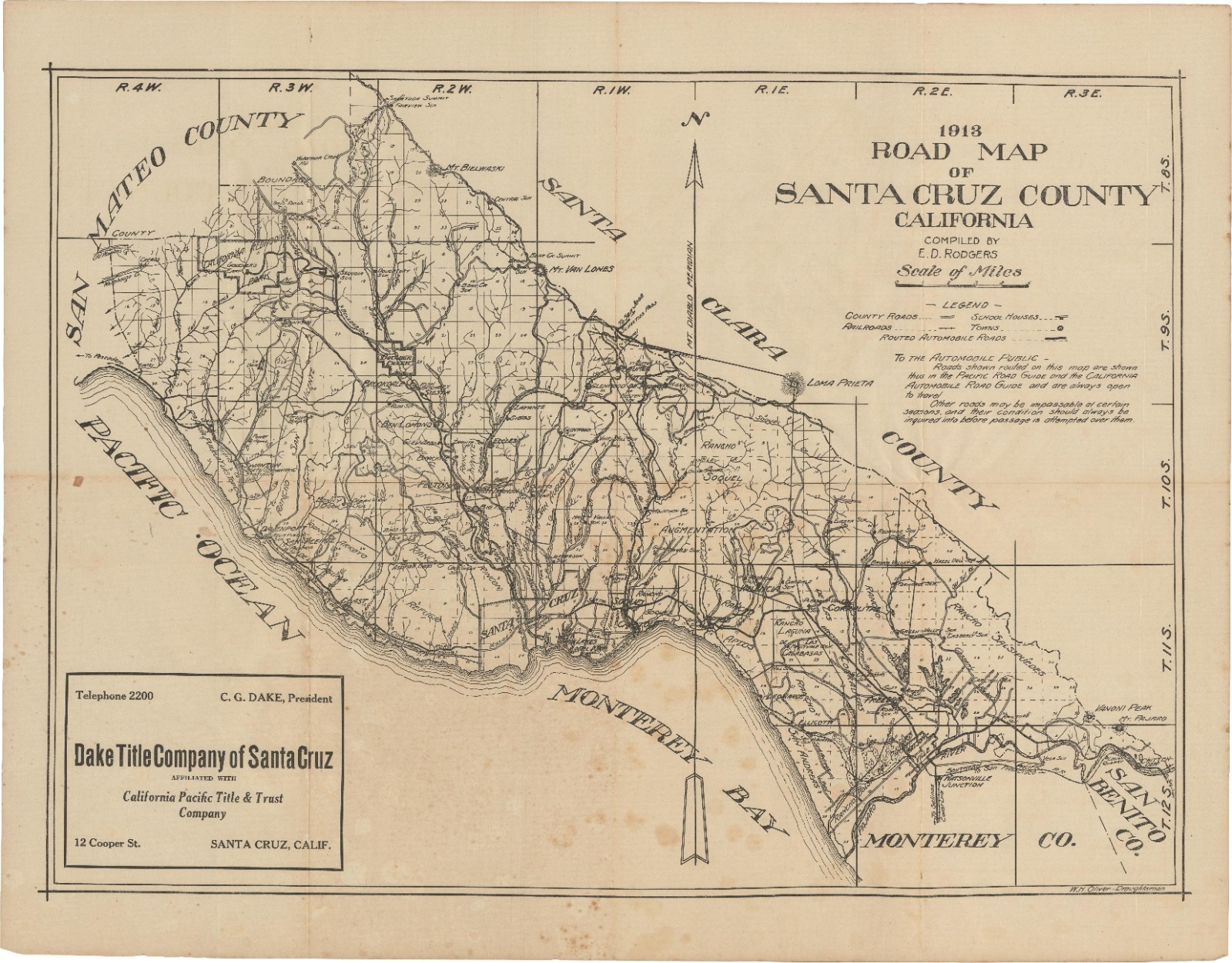 1913 Rodgers / Dake Title Co. Road Map of Santa Cruz County, California