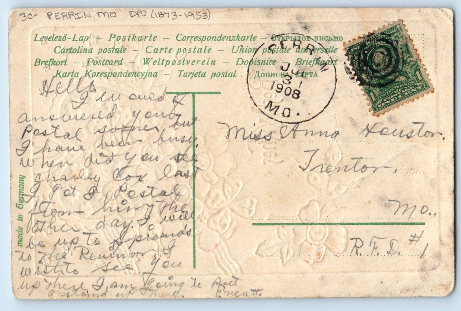 1908 Best Wishes Heart Red Flowers Perrin MO DPO (1873-1953) Antique Postcard