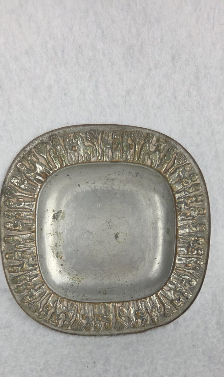 Vtg Margit Tevan Hungarian Silversmith Brutalist Figural Metal Dish Signed 6\