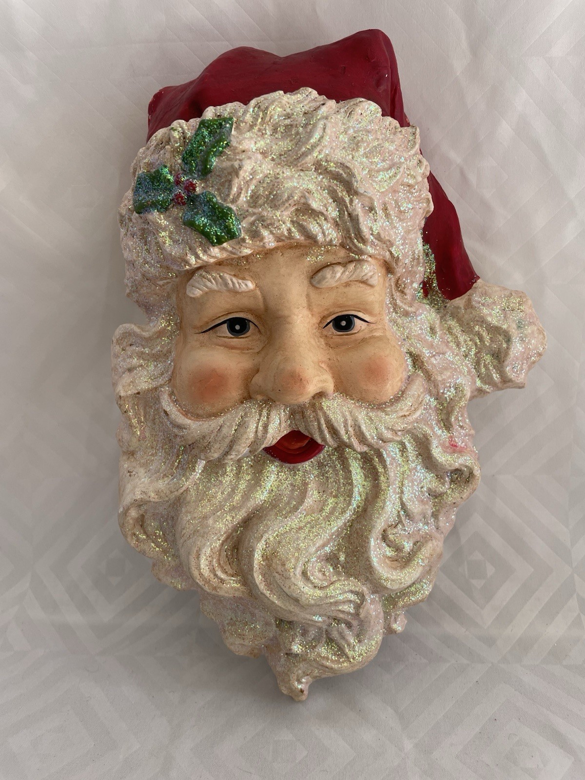 Vintage plaster Santa head  Wall Hanging Plaque Christmas Décor 11”W/ Glitter