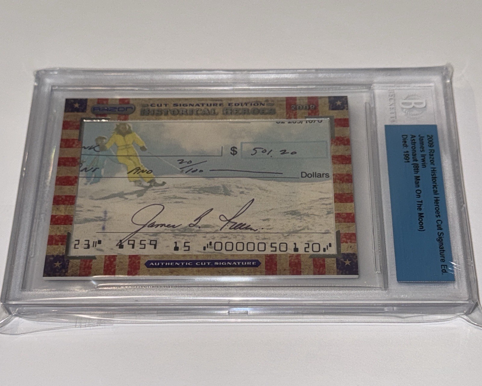 Jim Irwin Apollo 15 hand signed check cut - Beckett Slab Razor Historical Heroes