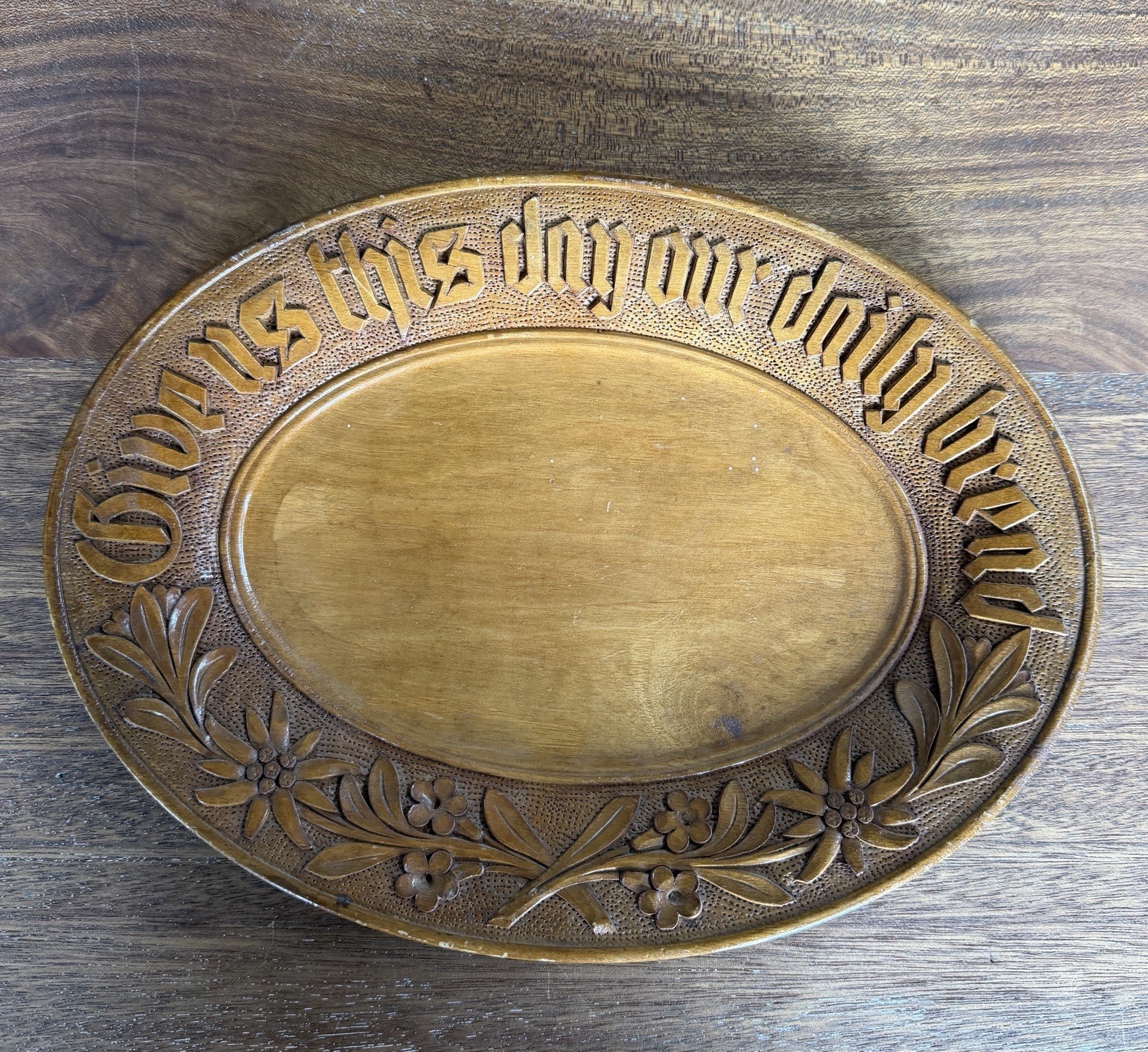 Antique English Carved Bread Board, Give Us This Day Victorian Floral Wood 11.5”