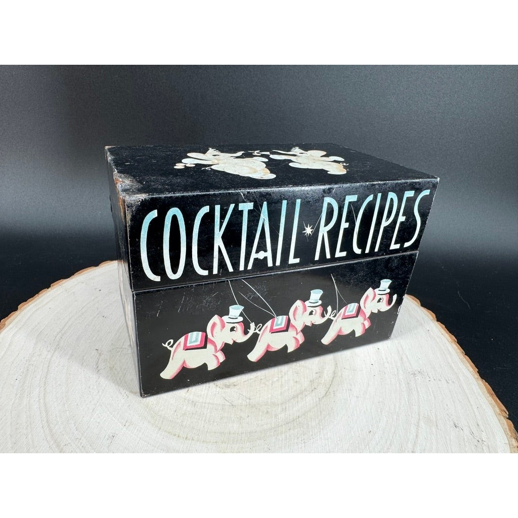 Vintage 1976 Mayfair Cocktail Recipes Tin Box Pink Elephants MCM Barware