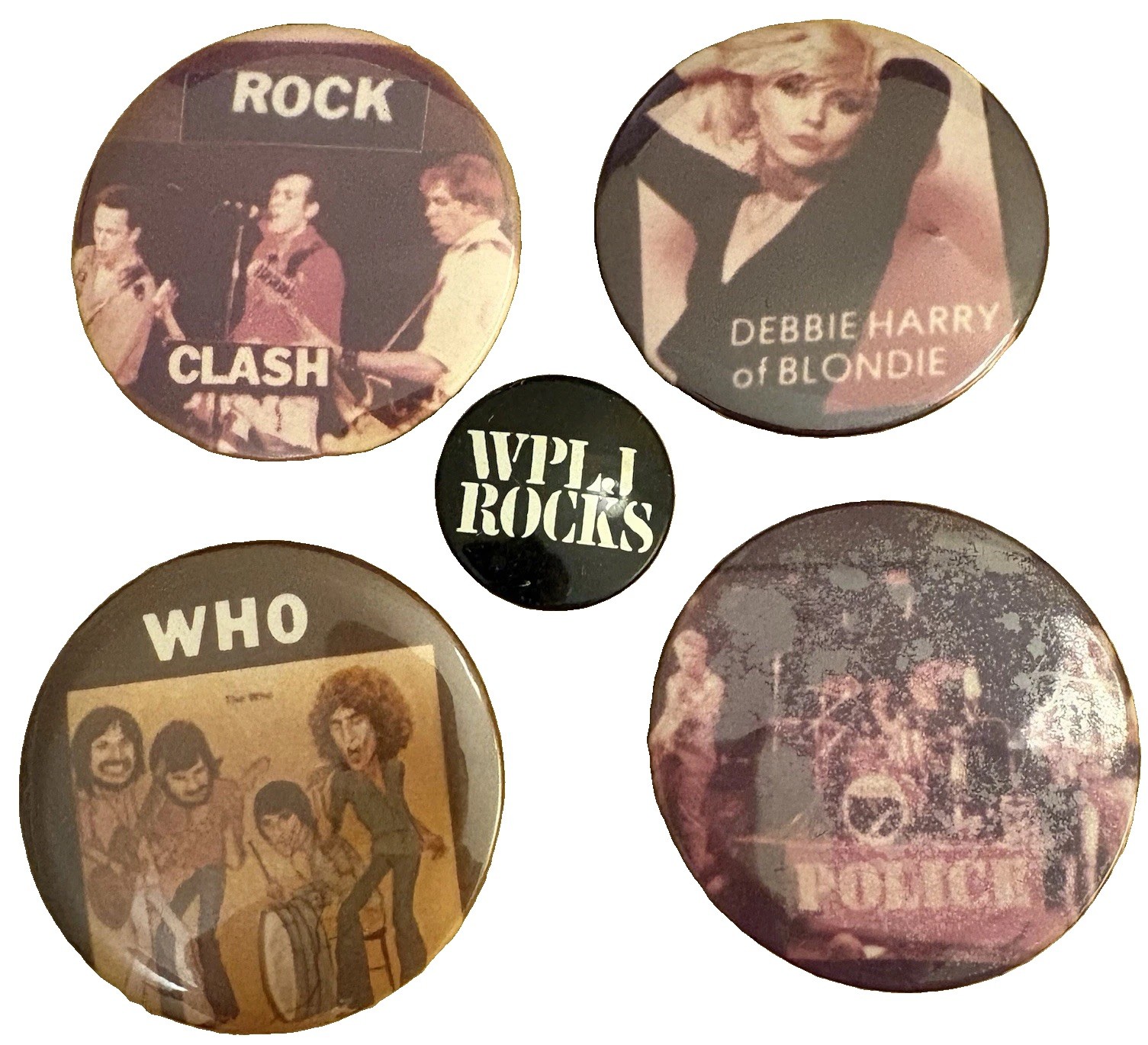 VTG 1970s 80s Rock Music Pinback Button Lot The Clash Who Blondie Police WPLJ