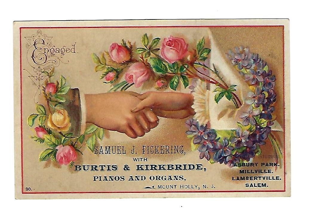 c1890 Victorian Trade Card Burtis & Kirkbride Pianos, Organs, Samuel Pickering
