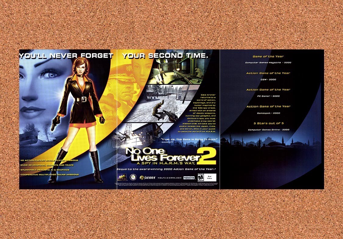 No One Lives Forever 2 PC Original 2002 2-Part Foldout Poster 10.5