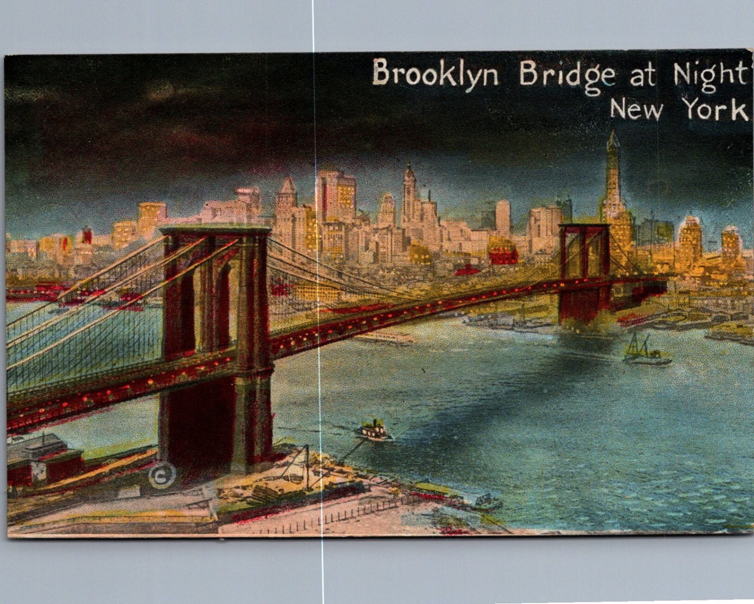 1915 Brooklyn Bridge at Night New York City Skyline Success Postcard