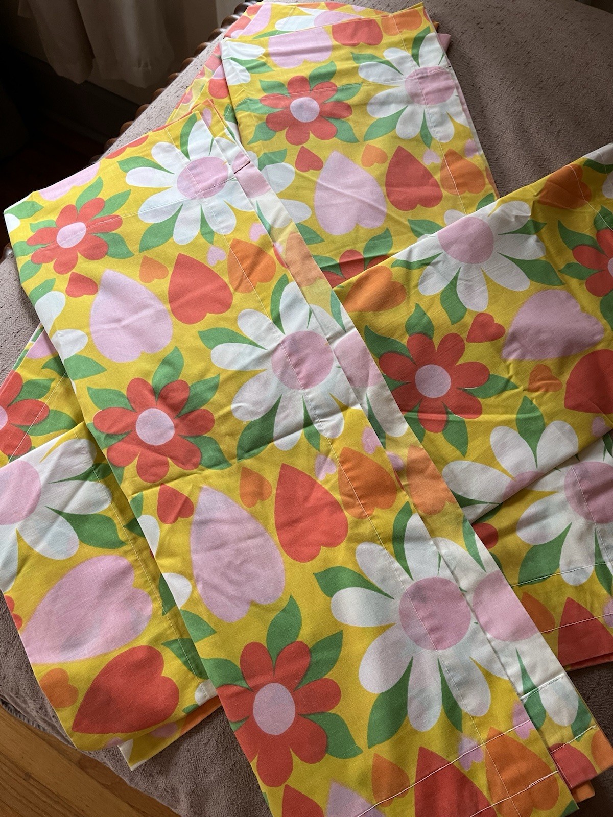 Vintage 70s Flower power Hearts Curtains Orange Yellow Green pink 4 rod Panels 