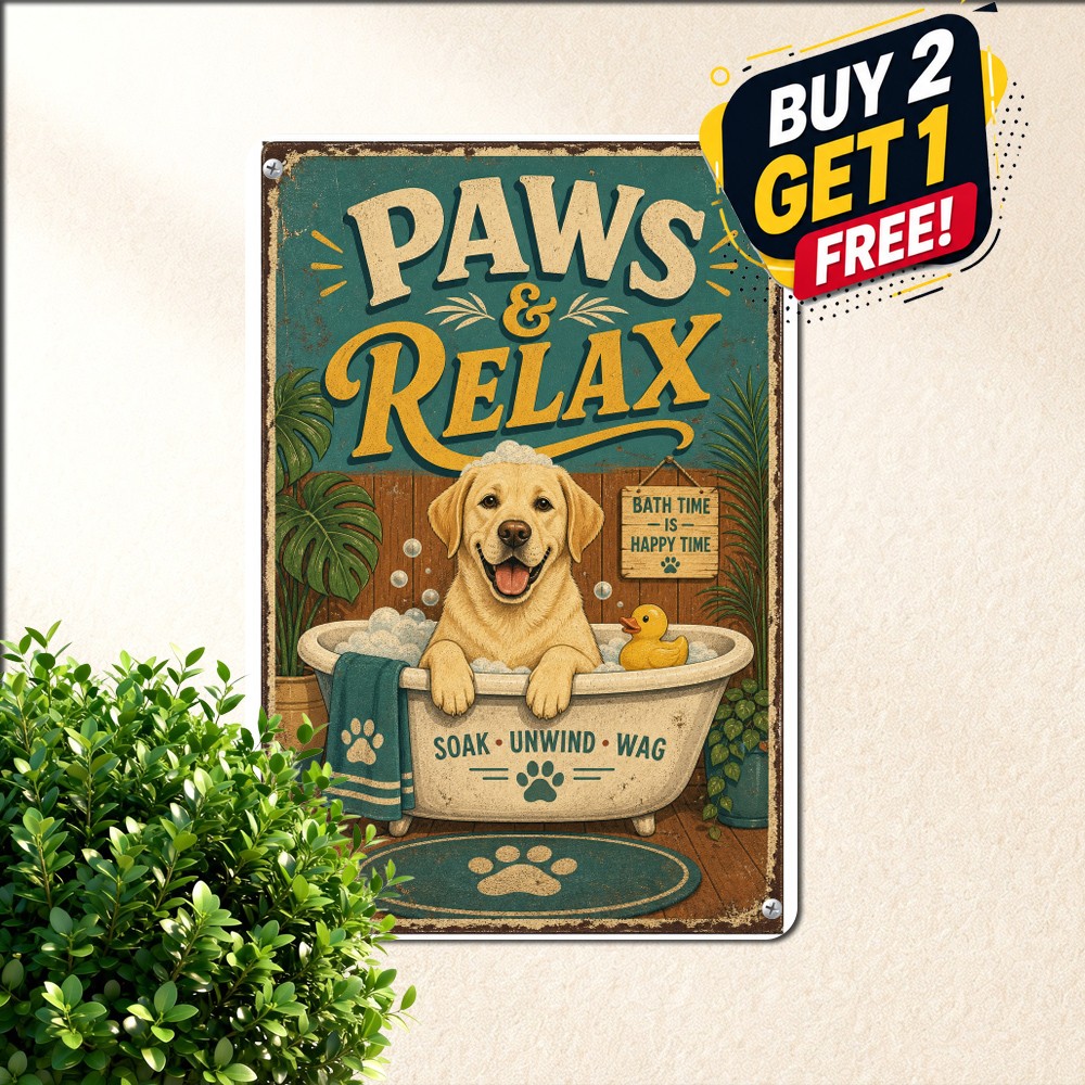 Yellow Labrador Dog Restroom Sign Humorous Pet Bathroom Metal Tin Plaque 8x12