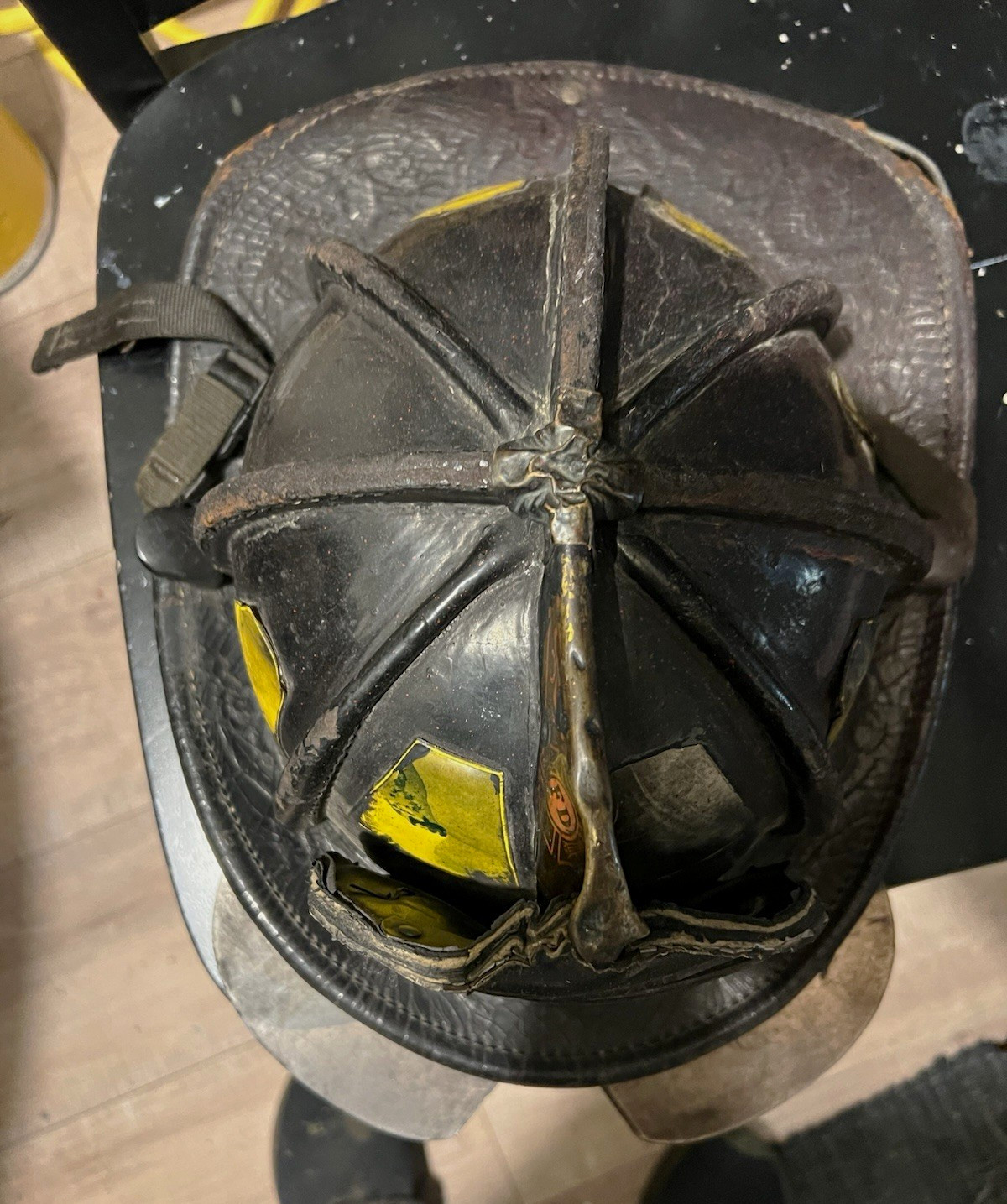 Leather Firefighting Helmet w/ Front Shield TRUCK 1 ENGINEER Black Yellow