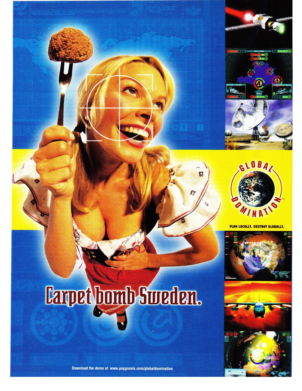 1998 Global Domination Vintage Print Ad Psygnosis Strategy PC Carpet bomb Sweden