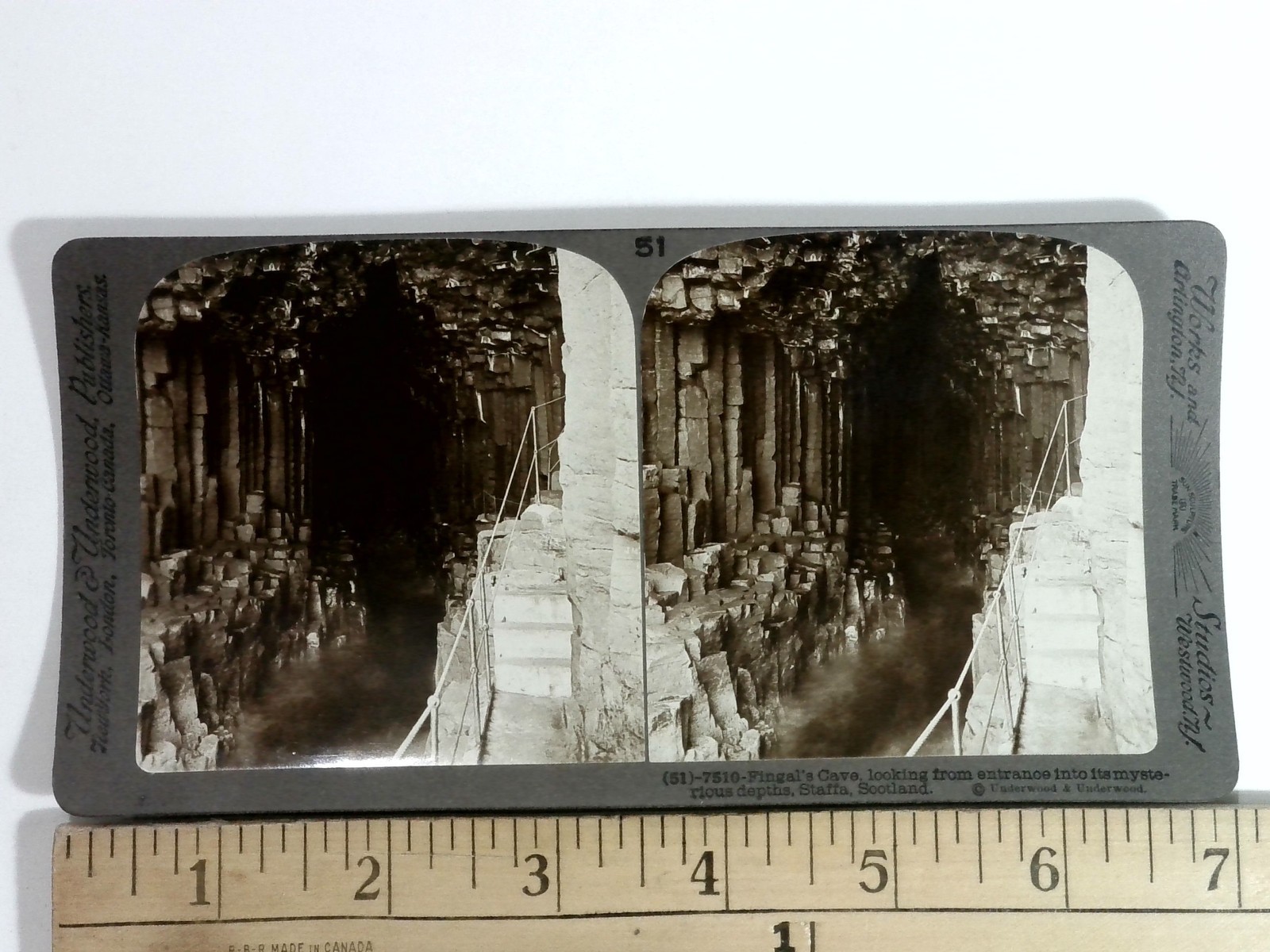 Fingal\'s Cave Stereoview Underwood & Underwood Scotland Basalt Columns 1900s