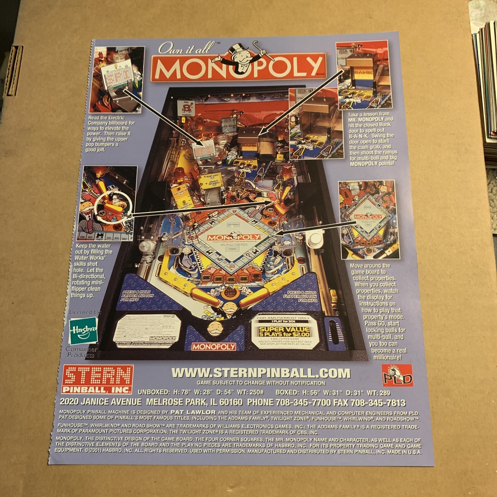 oRIGINAL 11- 8\'\'  Monopoly stern Pinball  ARCADE GAME FLYER